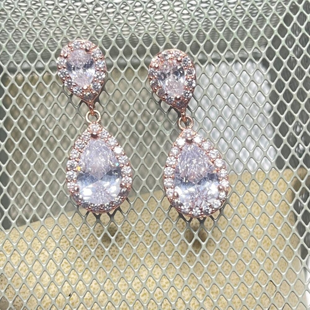 Tear Drop Earrings Fancy Water Drop Princess Wedding Copper Tone
